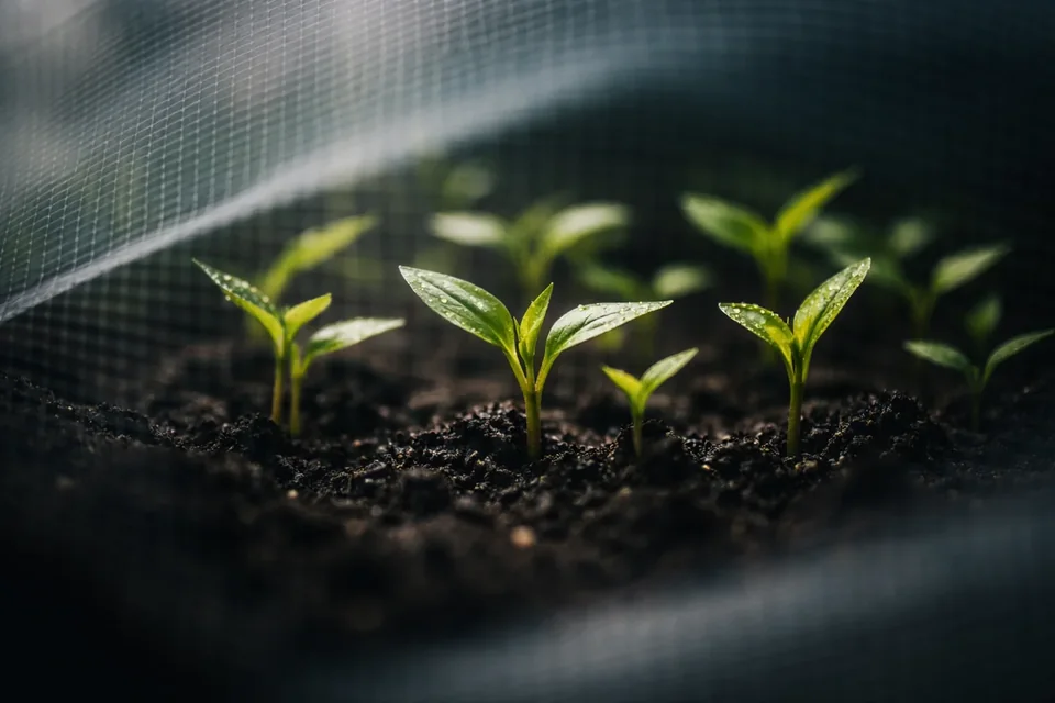 Young seedlings growing under protected nursery conditions