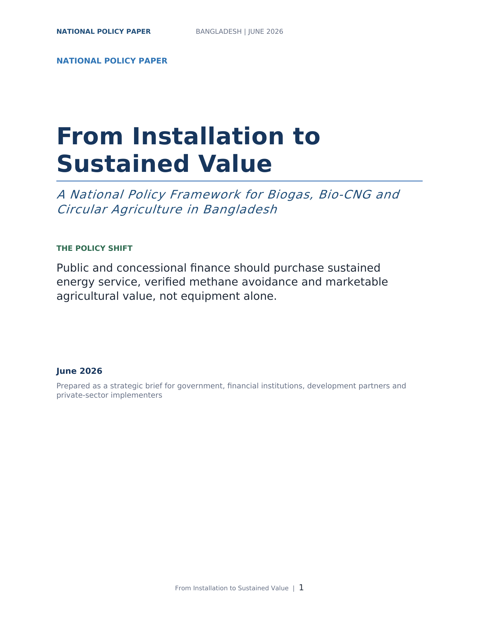 Cover of From Installation to Sustained Value, a national policy paper on biogas, Bio-CNG and circular agriculture