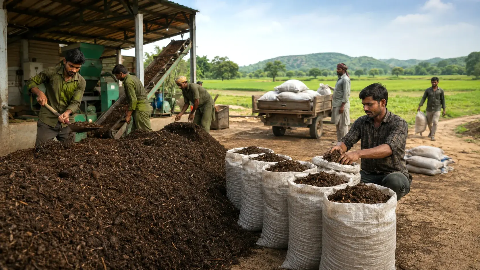 Illustrative processing of organic material into bagged agricultural input