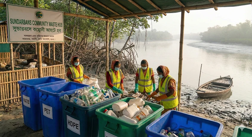 Representative concept view of a community plastic-sorting point near a tidal river